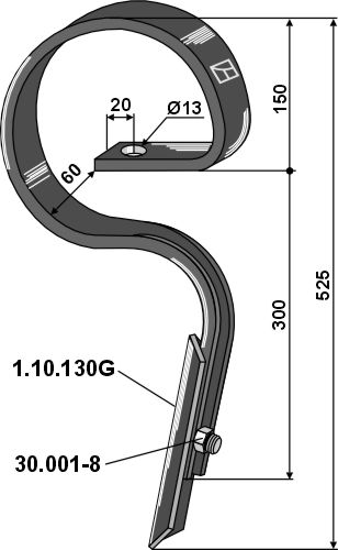 Harvetand 32x12 (lige) med spids - Pulverlakeret