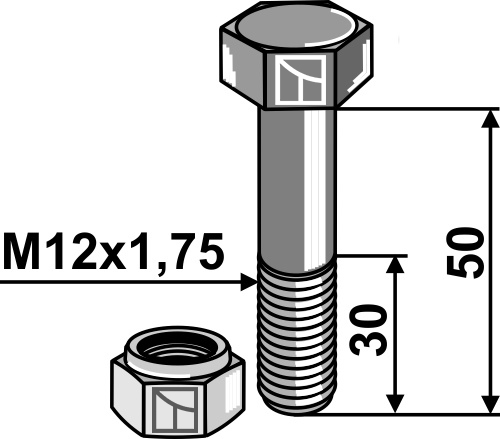 Bolt M12x1,75x50 - 8.8 m. låsemøtrik