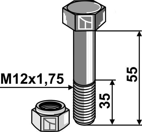 Bolt M12x1,75x55 - 8.8 m. låsemøtrik