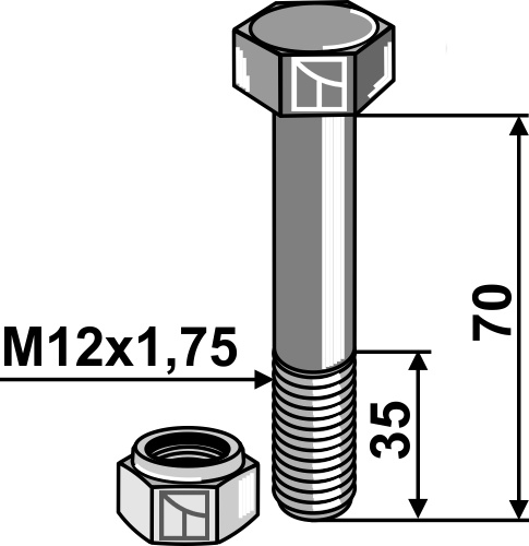 Bolt M12x1,75x70 - 8.8 m. låsemøtrik