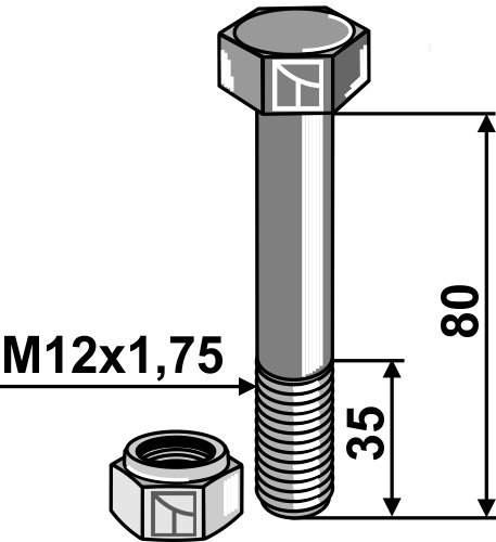Bolt M12x1,75x80 - 8.8 m. låsemøtrik
