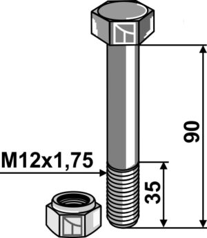 Bolt M12x1,75x90 - 8.8 m. låsemøtrik