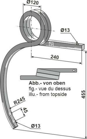Spiralfjedertand 25x25mm firkantstål, højre