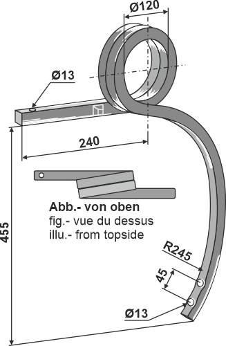 Spiralfjedertand 25x25mm firkantstål, venstre