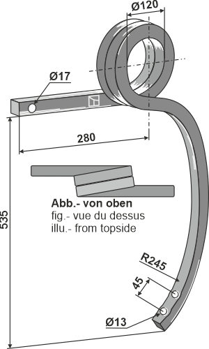 Spiralfjedertand 30x30mm firkantstål, venstre