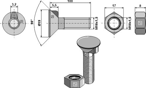 Plovbolt DIN 604 M10x1,5x100 med møtrik