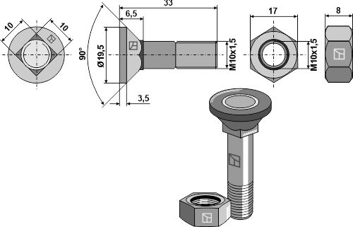Plovbolt M10x1,5x33 med møtrik