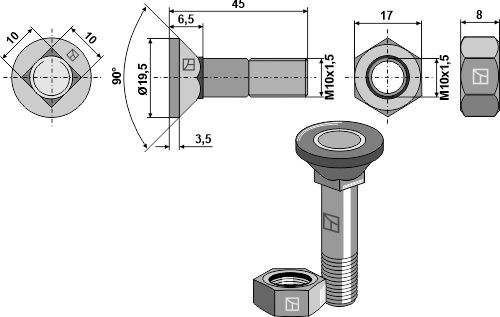 Plovbolt M10x1,5x45 med møtrik