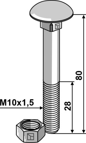 Bolt M10x1,5x80 - m. låsemøtrik - galvaniseret