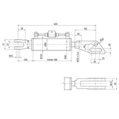 Liftregulering (hydraulisk) m/slanger (Leveres med: Slanger) - Gaffel Hul Ø 25mm - Gaffel Hul Ø 28 & 28x95mm - Min. længde: 620mm, Cylinderdiameter: 90mm.