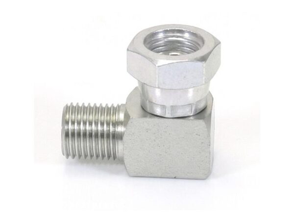 Hydraulikadapter 1/4'' BSP Han x 1/4'' BSP Drejelig hun 90° Kompakt udstødningsbøjning