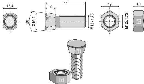 Plovbolt M12x1,75x33 med møtrik