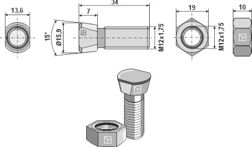 Plovbolt M12x1,75x34 med møtrik