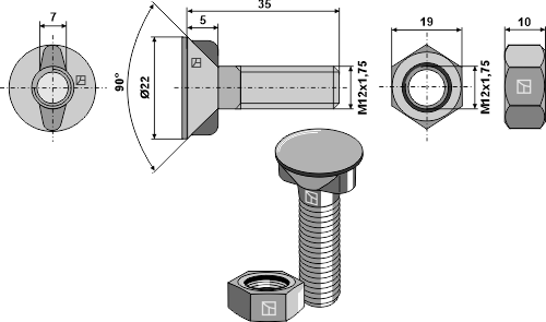 Plovbolt M12x1,75x35 med møtrik