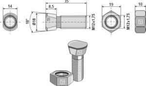 Plovbolt M12x1,75x35 med møtrik (gammel)