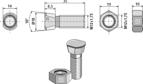 Plovbolt M12x1,75x35 med møtrik (gammel)