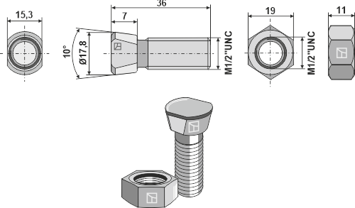 Plovbolt 1/2''UNCx36 med møtrik
