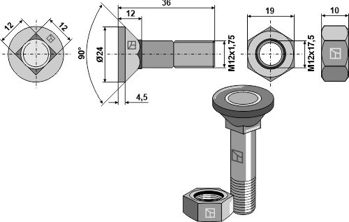 Plovbolt M12x1,75x36 med møtrik