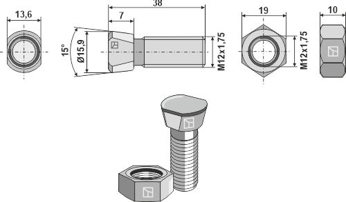 Plovbolt M12x1,75x38 med møtrik