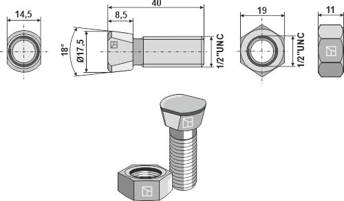Plovbolt 1/2''UNCx40 med møtrik