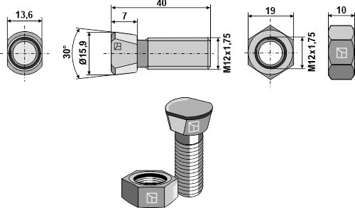 Plovbolt M12x1,75x40 med møtrik