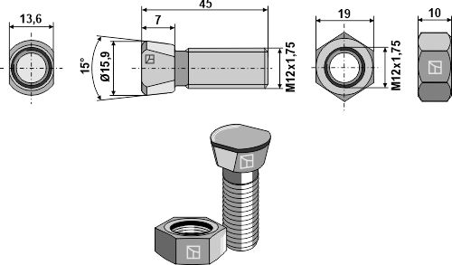Plovbolt M12x1,75x45 med møtrik