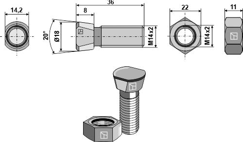 Plovbolt M14x2x36 med møtrik