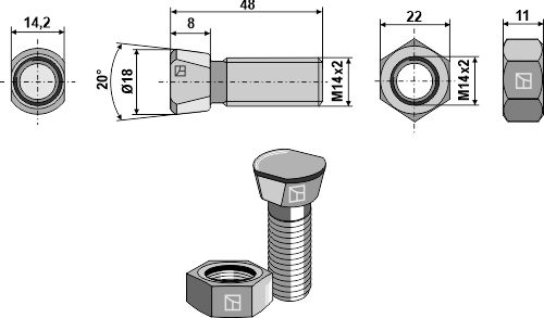Plovbolt M14x2x48 med møtrik