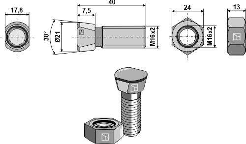 Plovbolt M16x2x40 med møtrik