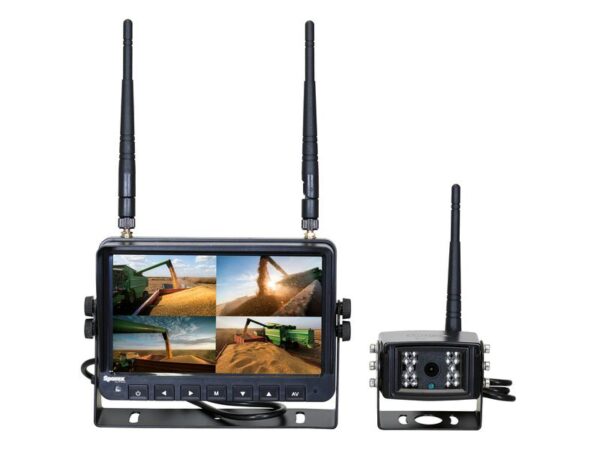 Kamerasystem (trådløs) med 1 x 7'' Digital Wireless 4QUAD split HD monitor with audio and DVR function, 1 x CMOS digital wireless camera with microphone, 1 x Solskærm, 1 x Beslag, 1 x Manual