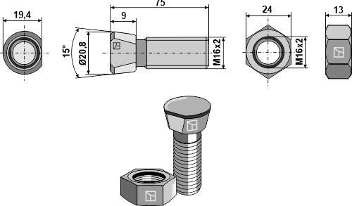 Plovbolt M16x2x75 med møtrik