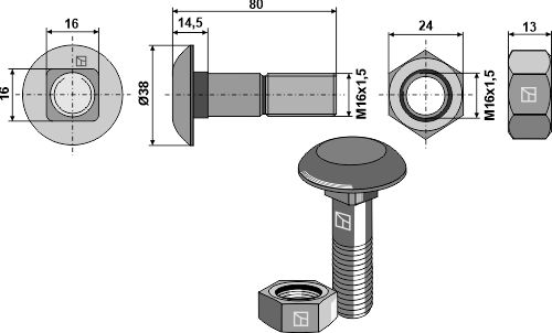 Plovbolt M16x1,5x80 med møtrik