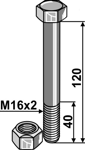 Bolt M16x2x120 - 8.8 m. låsemøtrik