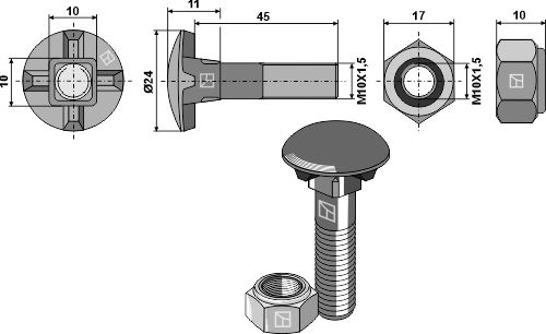 Plovbolt M10x1,5x45 med møtrik
