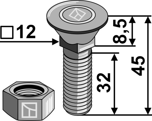 Bolt M12x1,75x45 - 8.8 m. møtrik