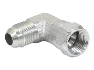 Hydraulikadapter 9/16'' JIC Han x 9/16'' JIC Drejelig hun 90° Kompakt udstødningsbøjning