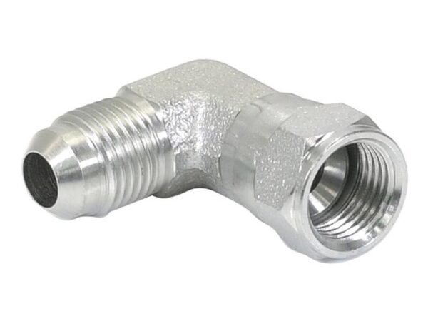 Hydraulikadapter 9/16'' JIC Han x 9/16'' JIC Drejelig hun 90° Kompakt udstødningsbøjning