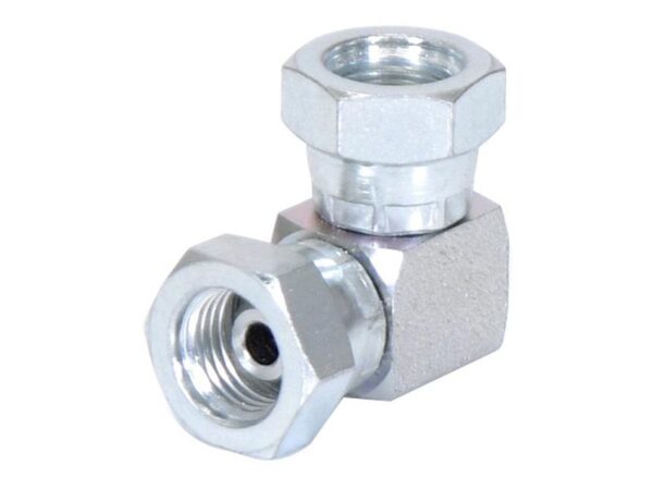 Hydraulikadapter 1/4'' BSP Drejelig hun x 1/4'' BSP Drejelig hun 90° Kompakt udstødningsbøjning