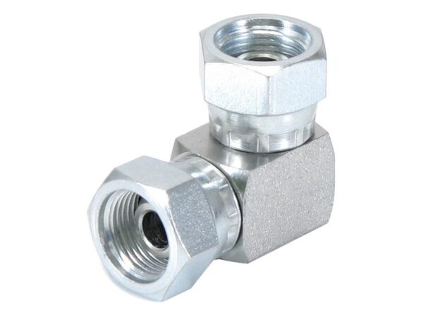 Hydraulikadapter 3/8'' BSP Drejelig hun x 3/8'' BSP Drejelig hun 90° Kompakt udstødningsbøjning