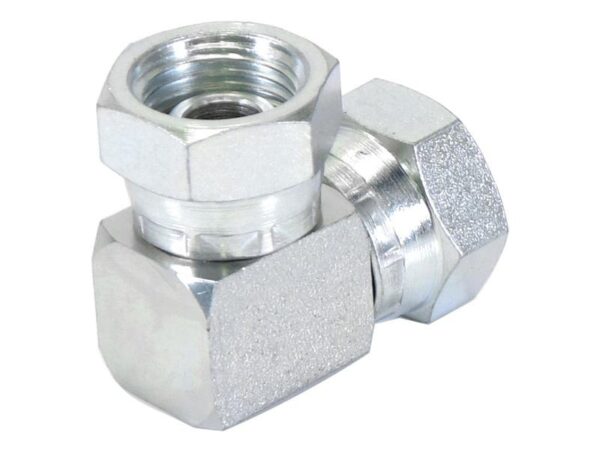 Hydraulikadapter 1/2'' BSP Drejelig hun x 1/2'' BSP Drejelig hun 90° Kompakt udstødningsbøjning