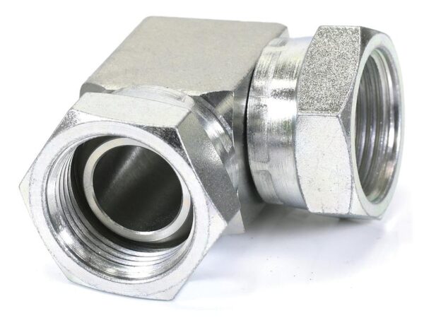 Hydraulikadapter 3/4'' BSP Drejelig hun x 3/4'' BSP Drejelig hun 90° Kompakt udstødningsbøjning