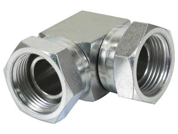 Hydraulikadapter 1'' BSP Drejelig hun x 1'' BSP Drejelig hun 90° Kompakt udstødningsbøjning