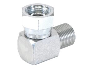 Hydraulikadapter 1/2'' BSP Han x 1/2'' BSP Drejelig hun 90° Kompakt udstødningsbøjning