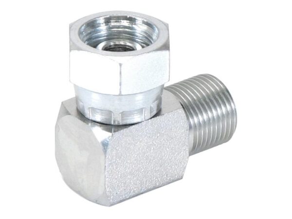 Hydraulikadapter 1/2'' BSP Han x 1/2'' BSP Drejelig hun 90° Kompakt udstødningsbøjning
