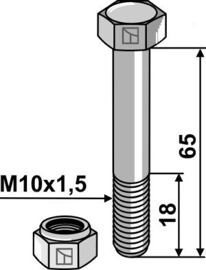 Bolt M10x1,5x65 - 10.9 m. låsemøtrik