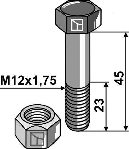 Bolt M12x1,75x45 m. låsemøtrik