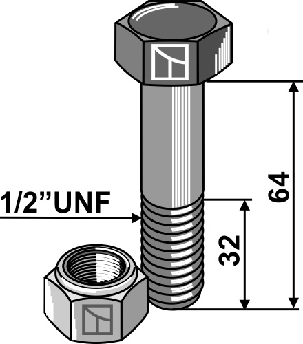 Bolt 1/2''UNFx64 - 8.8 m. låsemøtrik