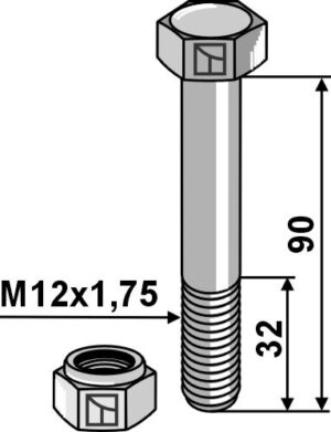 Bolt M12x1,75x90 m. låsemøtrik