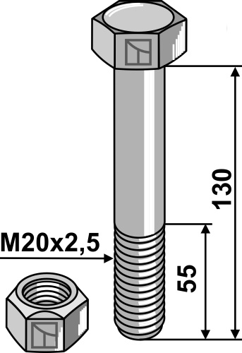 Bolt M20x2,5x130 m. låsemøtrik
