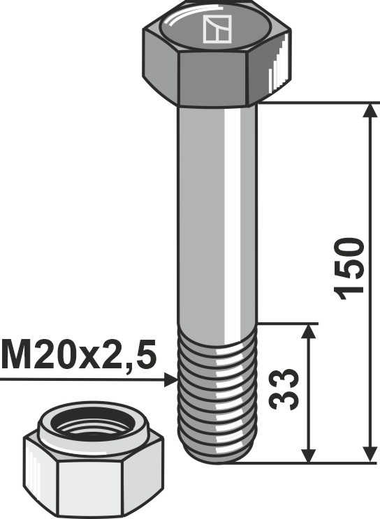 Bolt M20x2,5x150 m. låsemøtrik